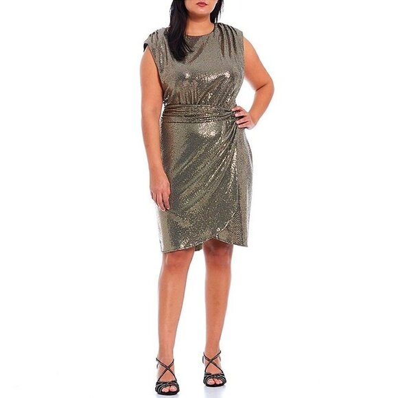 Alex Marie Dress Sequins Metallic Gold Black Sleeveless Faux Wrap Gown Formal - Picture 1 of 13